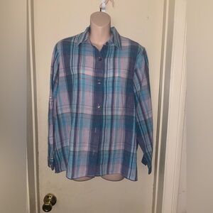 Alfred Dunner.Teal and Lavender Plaid Shirt 55% Linen. Size 12